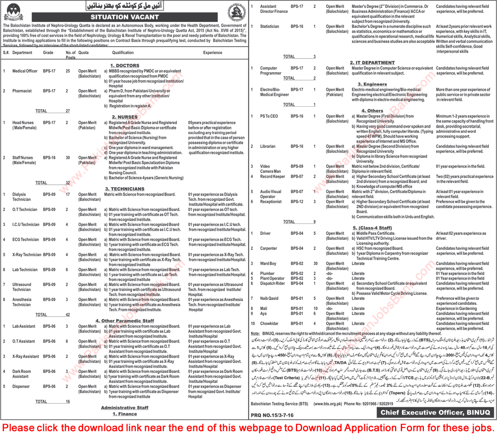 Balochistan Institute of Nephro Urology Quetta Jobs July 2016 BTS Application Form Download Latest / New