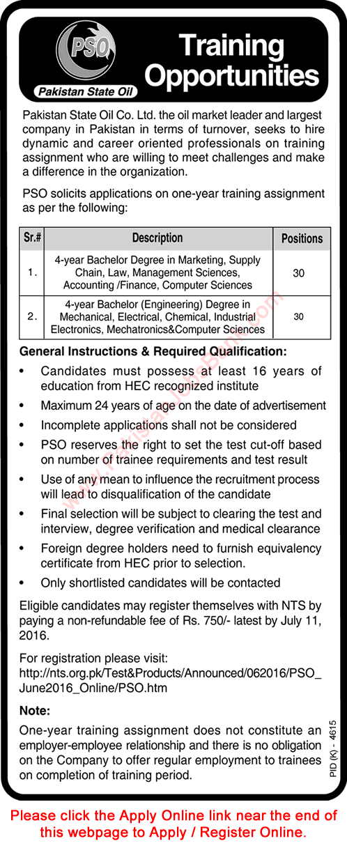 Pakistan State Oil Training Program 2016 July PSO Jobs NTS Online Application Form Latest Advertisement