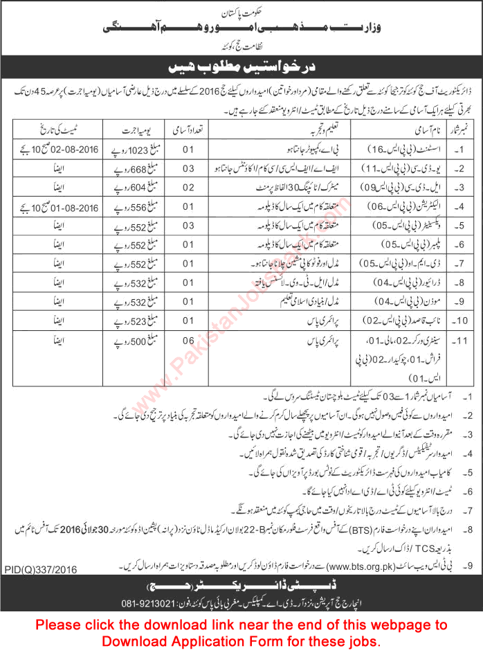Directorate of Hajj Quetta Jobs 2016 July BTS Application Form Download Latest Advertisement