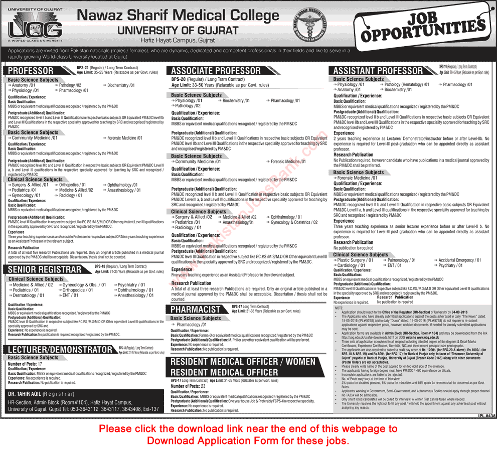 Nawaz Sharif Medical College University of Gujrat Jobs July 2016 Application Form Download Latest