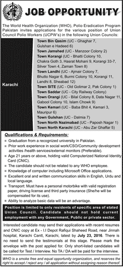 Union Council Polio Worker Jobs in Karachi July 2016 WHO Polio Eradication Program Latest