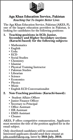 Aga Khan Education Service Karachi Jobs 2016 July Teachers, Admin & Support Staff Latest