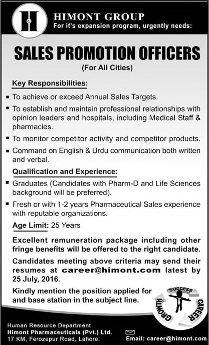 Sales Promotion Officer Jobs in Pakistan July 2016 at Himont Pharmaceuticals Pvt Ltd Latest
