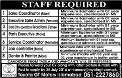 Toyota GT Motors Islamabad Jobs 2016 July Sales / Admin Executive, DEO, Receptionist & Others Latest