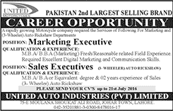 Sales & Marketing Executive Jobs in Lahore July 2016 at United Auto Industries Pvt Ltd Latest