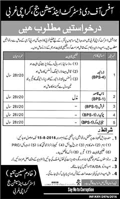 District and Session Court Karachi West Jobs July 2016 Naib Qasid, Driver, Frash, Chowkidar & Sanitary Worker Latest