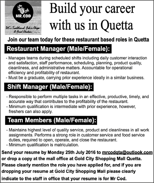 Mr. COD Restaurant Quetta Jobs 2016 July Team Members, Restaurant & Shift Managers Latest