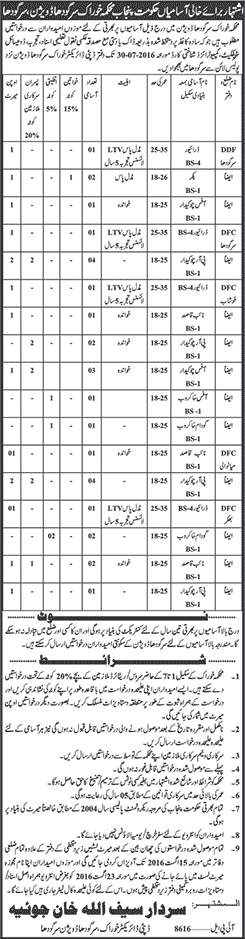 Food Department Sargodha Division Jobs 2016 July Chowkidar, Drivers, Khakroob & Others Latest