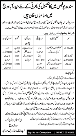 Sindh Police Constables Jobs July 2016 in Hyderabad Range Latest / New