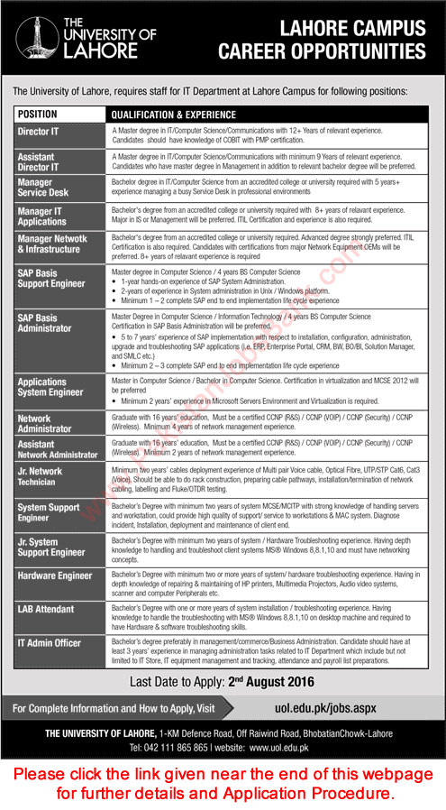 University of Lahore Jobs July 2016 UOL Application Form Download IT Staff Latest