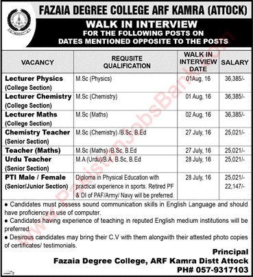 Fazaia Inter College Kamra Jobs July 2016 Attock Teaching Faculty & PTI Walk in Interview Latest