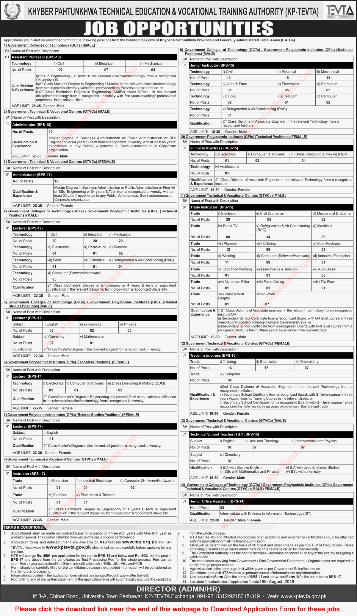 KPK TEVTA Jobs July 2016 August NTS Application Form Teaching Faculty, Instructors & Office Assistants Latest