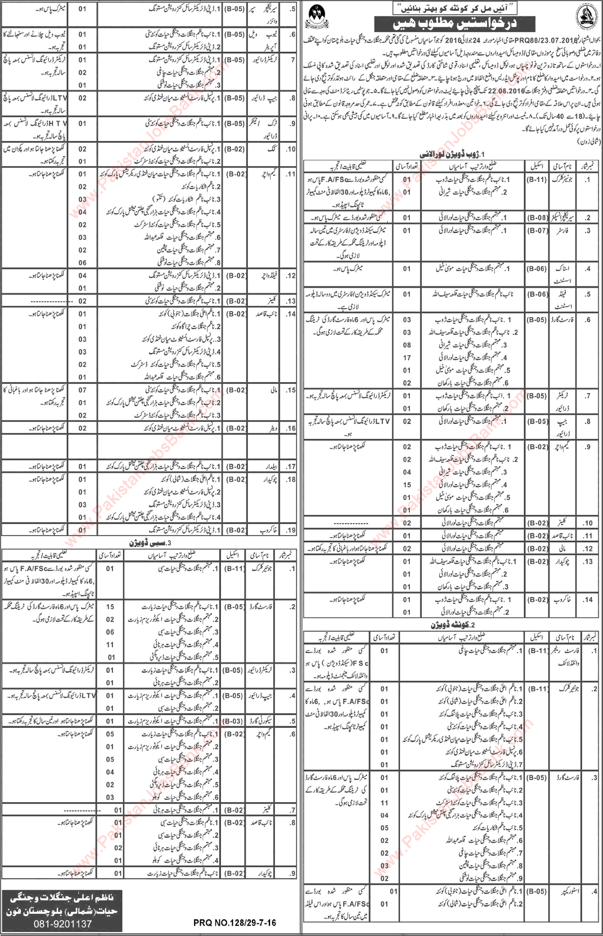 Forest and Wildlife Department Balochistan Jobs 2016 July / August Forest Guards, Game Watchers & Others Latest