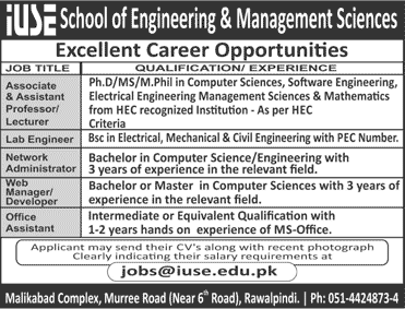IUSE School of Engineering & Management Science Rawalpindi Jobs 2016 July / August Teaching Faculty & Others Latest