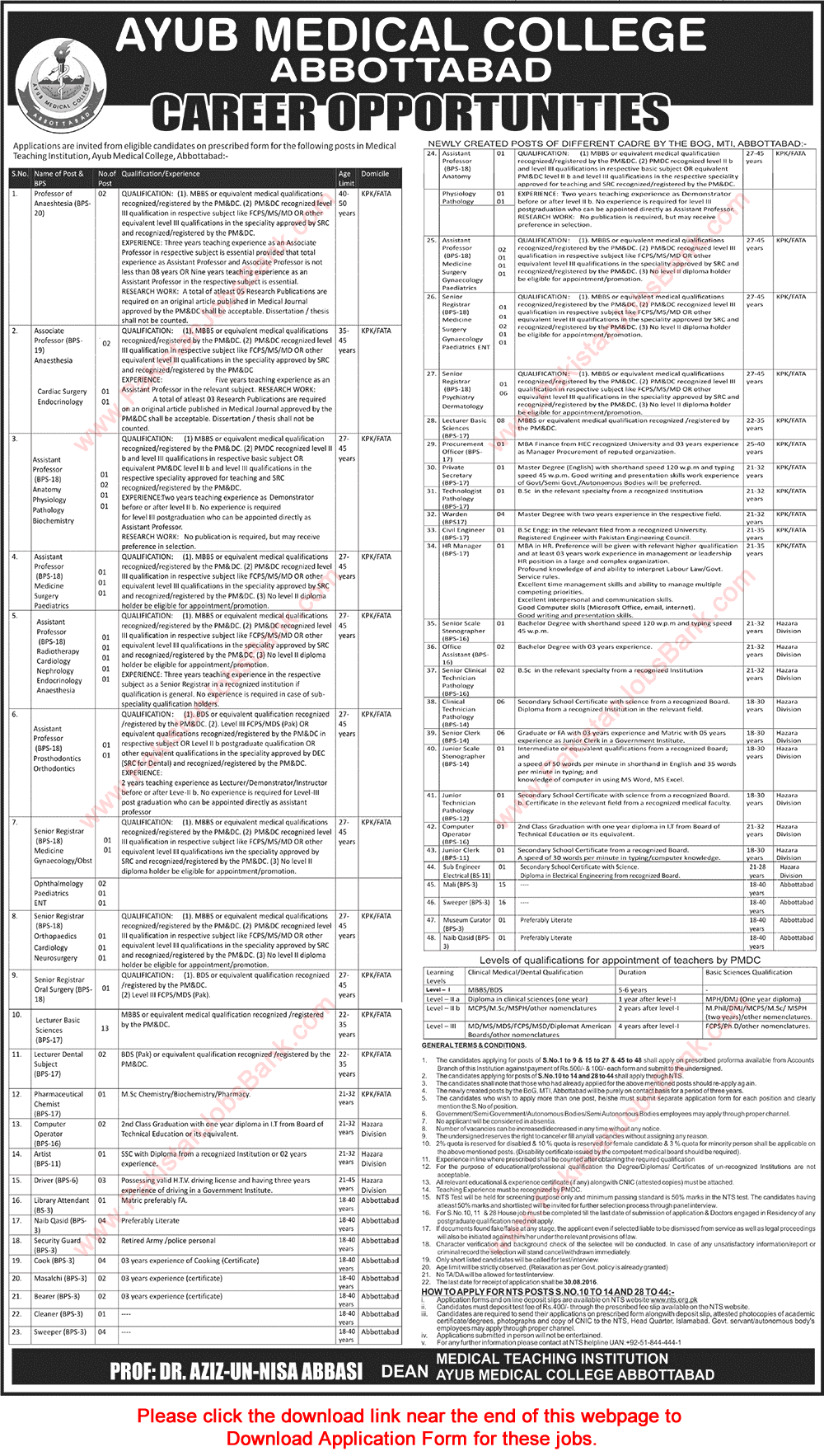 Ayub Medical College Abbottabad Jobs August 2016 NTS Application Form Teaching Faculty & Others Latest