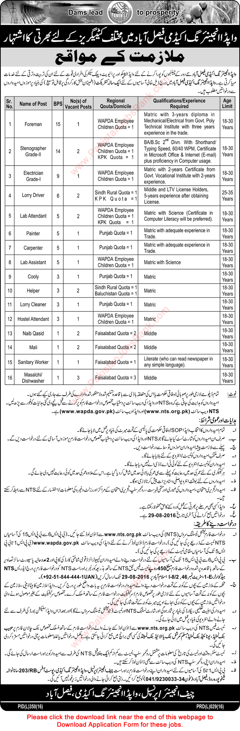 WAPDA Engineering Academy Faisalabad Jobs 2016 August NTS Application Form Download Latest / New