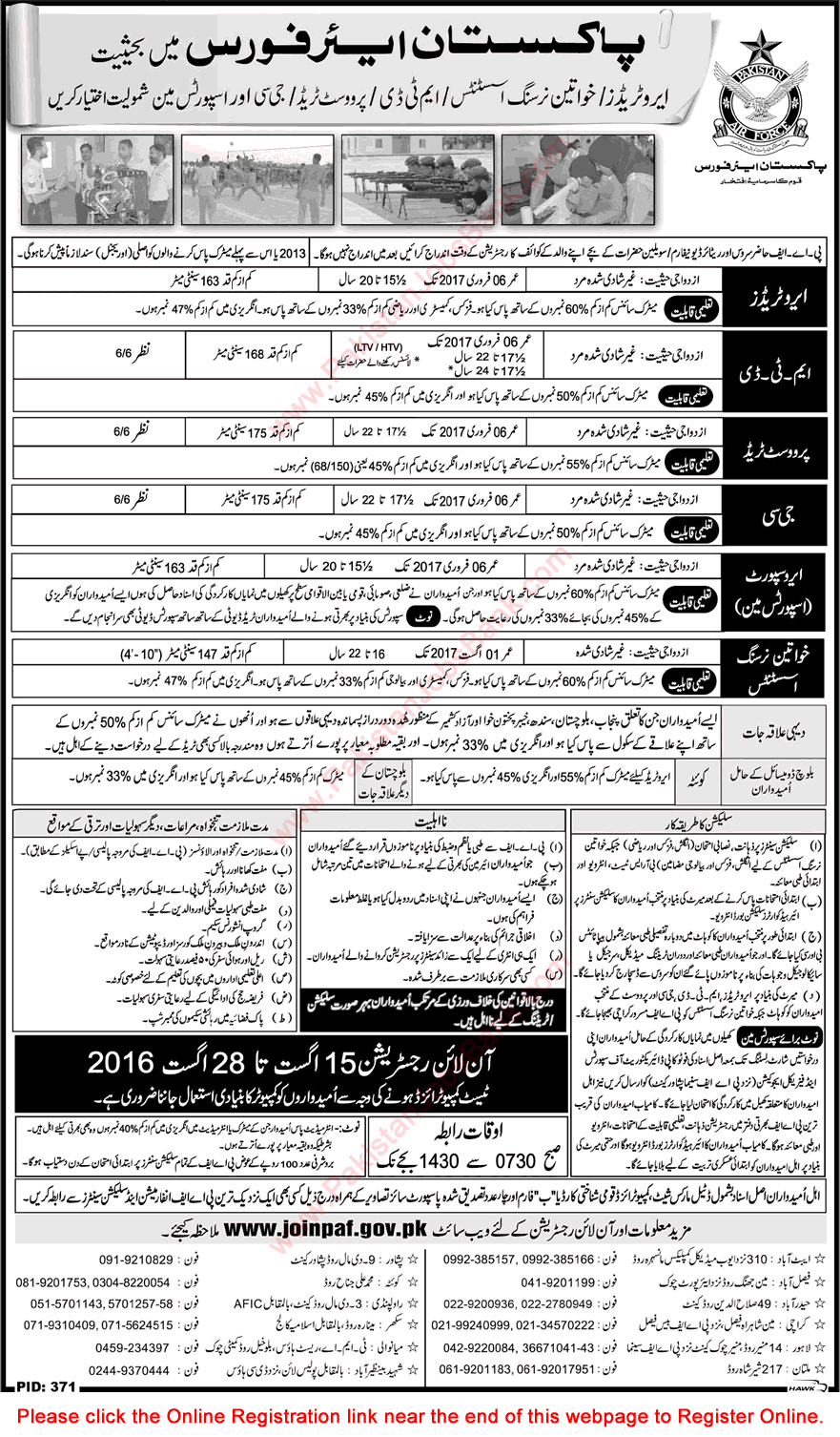 Pakistan Air Force Jobs August 2016 Online Registration Join as Aero Trades, Nursing Assistants, MTD, Provost Trade, GC & Sportsman Latest