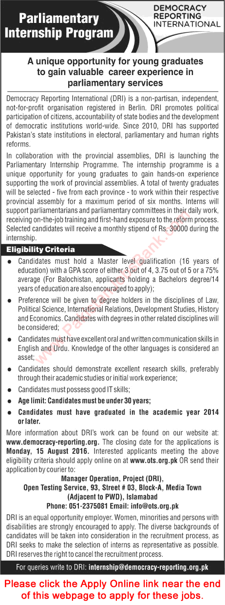 Parliamentary Internship Program Pakistan 2016 August PIP OTS Apply Online Democracy Reporting International Latest