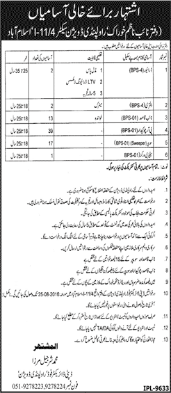 Food Department Rawalpindi Division Jobs 2016 August Chowkidar, Naib Qasid, Sweepers & Others Latest