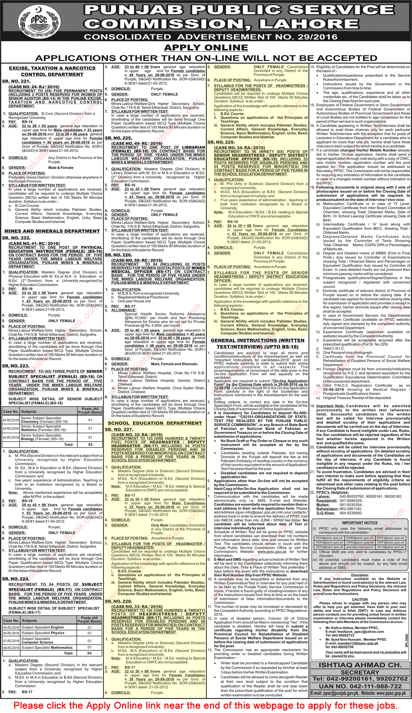 School Education Department Punjab Jobs August 2016 PPSC Headmasters / Headmistress & Deputy DEO Apply Online Latest