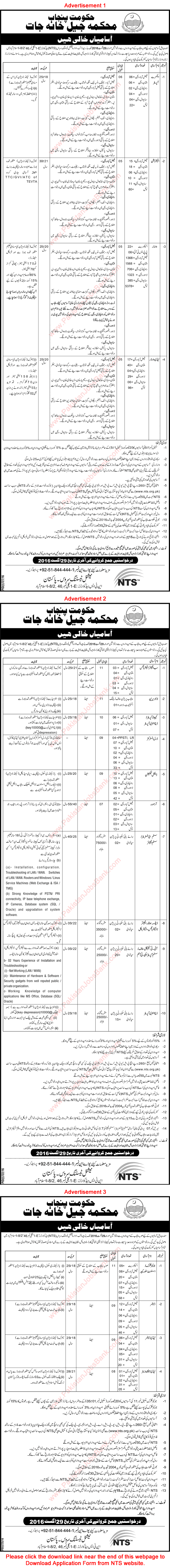 Jail Department Punjab Jobs 2016 August NTS Application Form Download Latest Advertisement