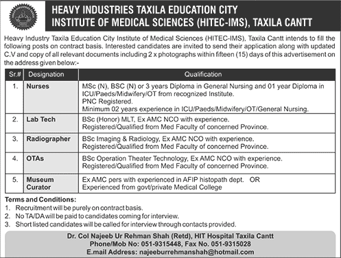 HITEC Institute of Medical Sciences Taxila Jobs 2016 August Nurses, Medical Technicians & Museum Curator Latest