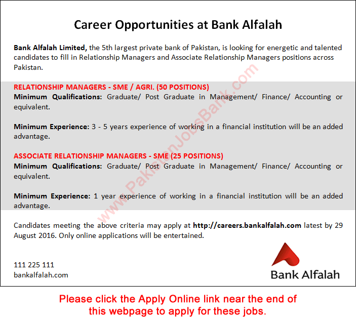 Bank Alfalah Jobs August 2016 Apply Online Associate / Relationship Managers Latest / New