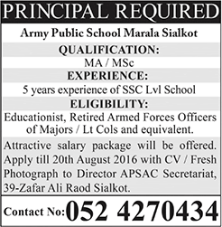 Principal Jobs in Army Public School Marala Sialkot 2016 August Latest