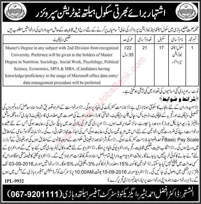 School Health Nutrition Supervisor Jobs in Health Department Vehari August 2016 Latest