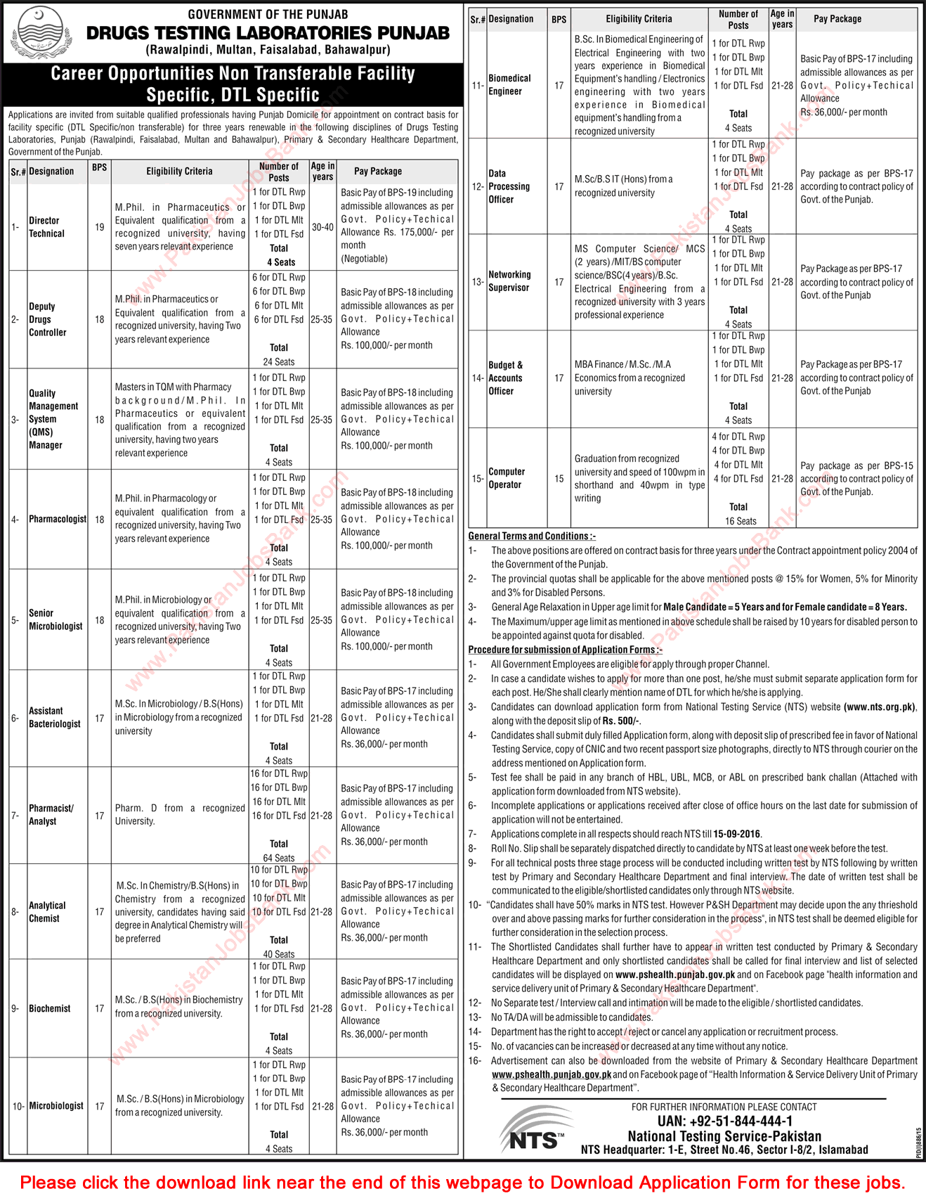 Drugs Testing Laboratories Punjab Jobs August 2016 NTS Application Form Download Latest / New