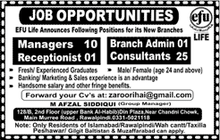 EFU Life Insurance Jobs August 2016 Consultants, Managers, Branch Admin & Receptionist Latest