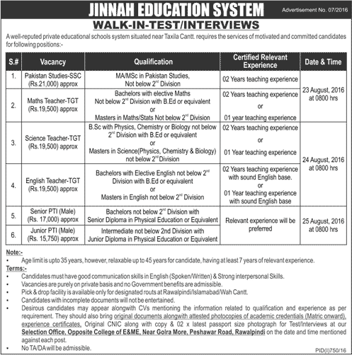 Jinnah Education System Taxila Cantt Jobs 2016 August Teachers & PTI Walk in Test / Interviews Latest