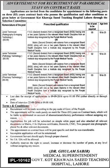 Medical Technician Jobs in Government Kot Khawaja Saeed Teaching Hospital Lahore August 2016 Latest