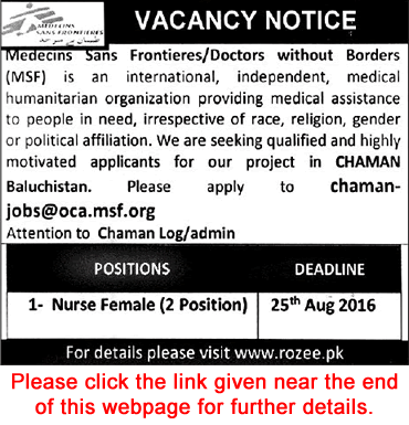 Nurse Jobs in Medecins Sans Frontieres Chaman 2016 August MSF Latest