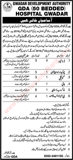 GDA Hospital Gwadar Jobs 2016 August Sweepers, Naib Qasid, Chowkidar, Drivers & Others Latest