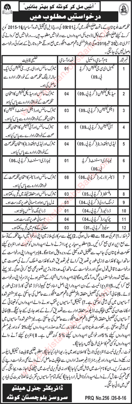 Health Department Balochistan Jobs August 2016 Panjgur Dispenser / Dressers, LHV, Vaccinators & Others Latest