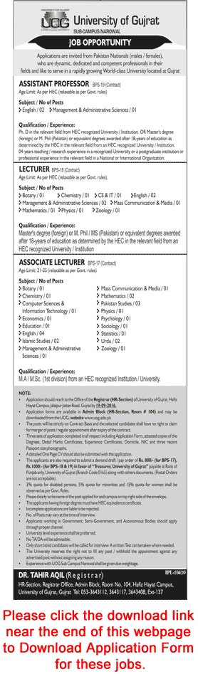 University of Gujrat Narowal Campus Jobs August 2016 Application Form Teaching Faculty Latest