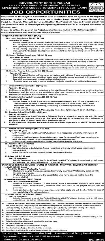 Livestock and Dairy Development Department Punjab Jobs August 2016 September LAMP Project Latest