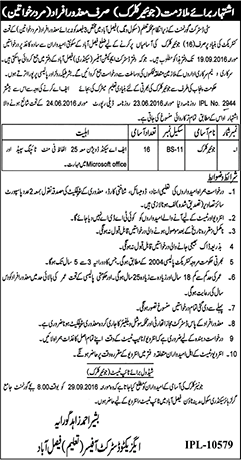 Clerk Jobs in Education Department Faisalabad 2016 September for Disabled Quota Latest