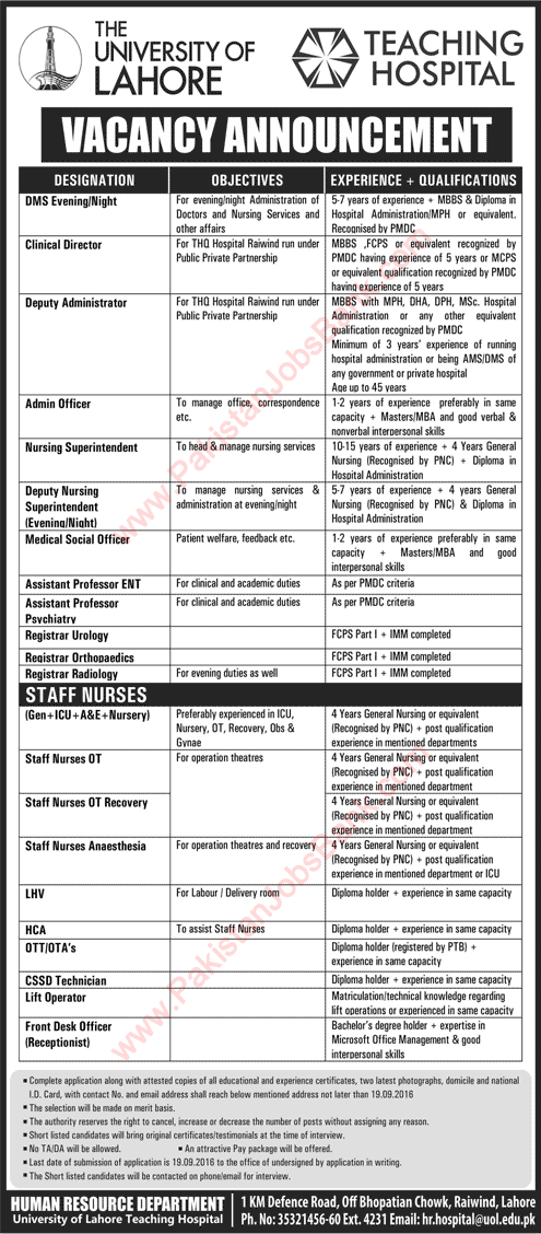 University of Lahore Teaching Hospital Jobs 2016 September Teaching Faculty, Staff Nurses & Others Latest