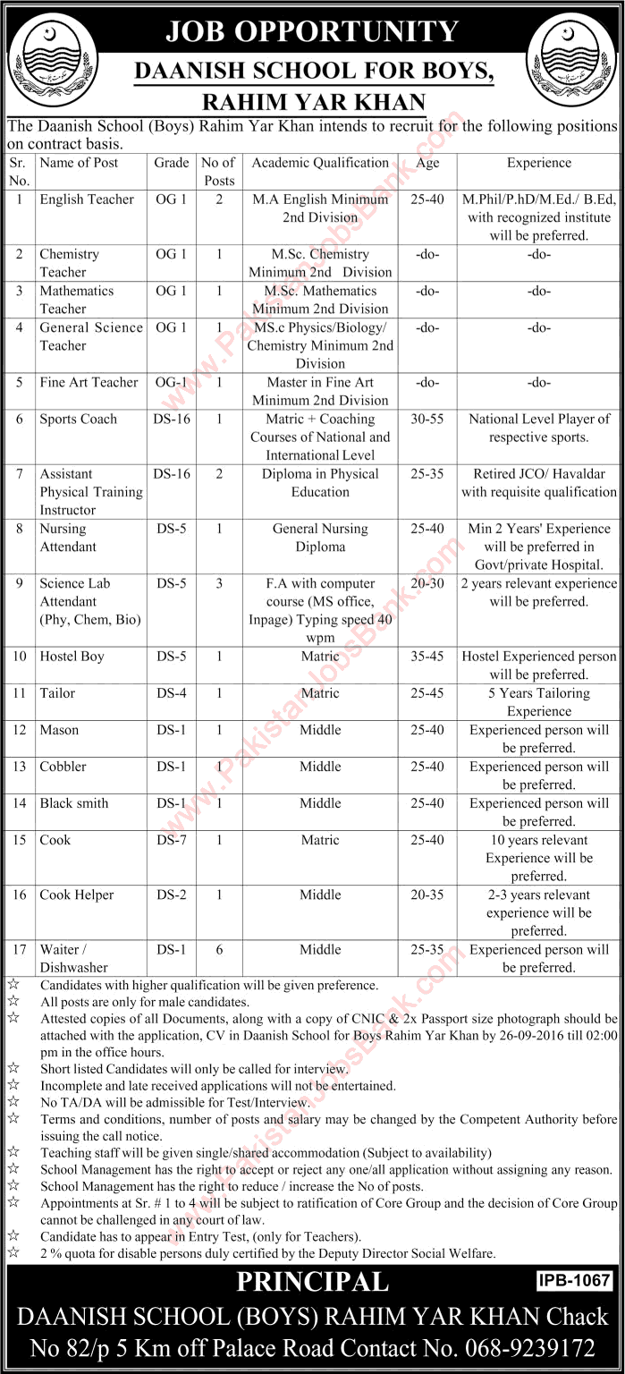 Danish School Rahim Yar Khan Jobs September 2016 Teachers, Lab Attendants, PTI & Others Latest / New