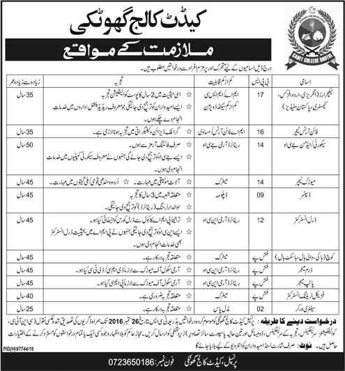 Cadet College Ghotki Jobs September 2016 Lecturers, Coaches, PTI & Others Latest