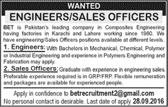 Engineers & Sales Officer Jobs in Karachi / Lahore September 2016 at BET Pakistan Latest
