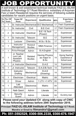 Faiz-ul-Islam Institute of Technology Mandra Jobs 2016 September Instructors, Lecturers & Others Latest