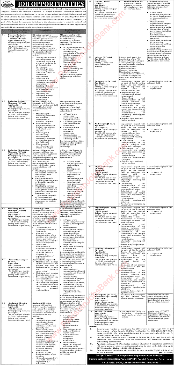 Special Education Department Punjab Jobs September 2016 PIEP Project Latest Advertisement