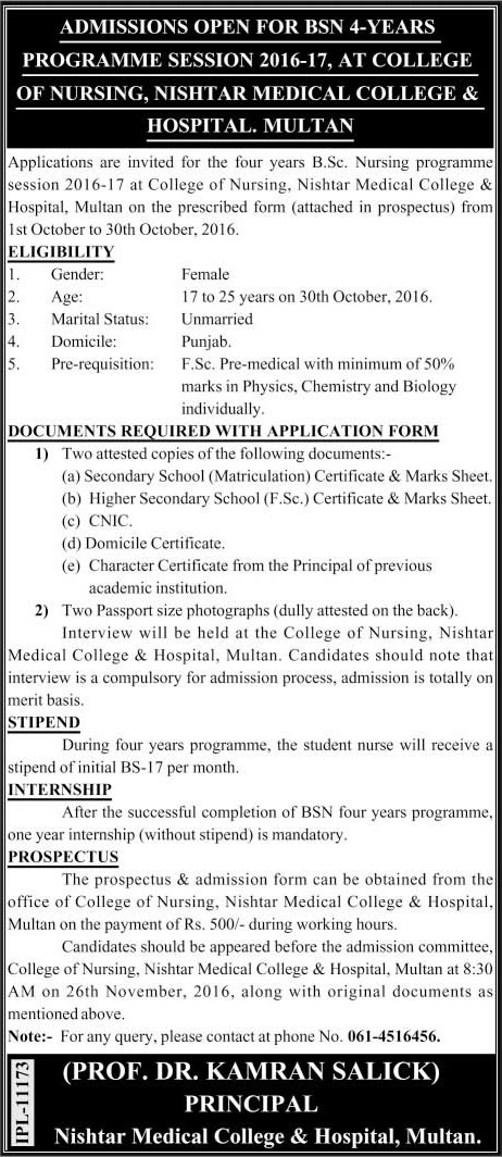 Nishtar Medical College and Hospital Multan BSc Nursing Program 2016-17 at College of Nursing Jobs Latest