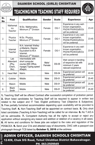 Danish School Chishtian Jobs September 2016 Teachers, Lab Attendants & Others Latest