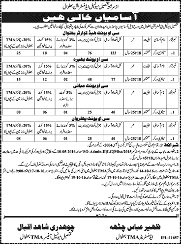 Sanitary Worker Jobs in TMA Bhalwal 2016 September Tehsil Municipal Administration Latest