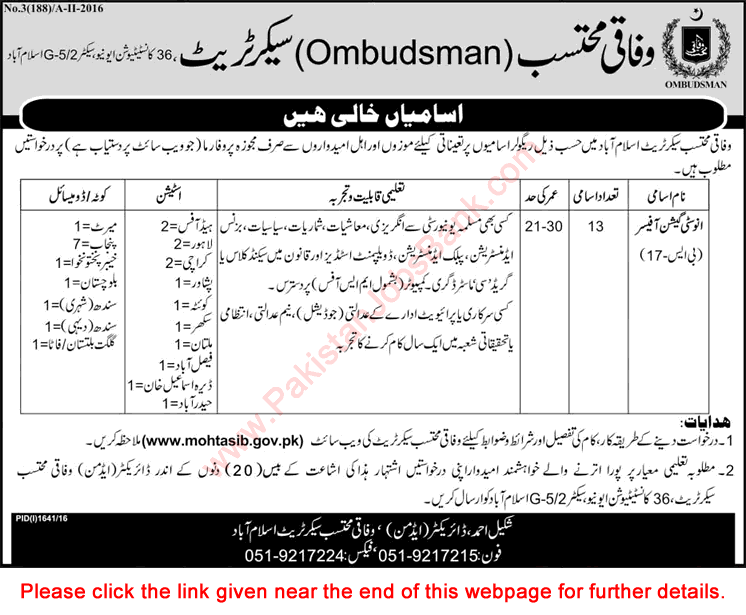 Investigation Officer Jobs in Wafaqi Mohtasib October 2016 Ombudsman Latest