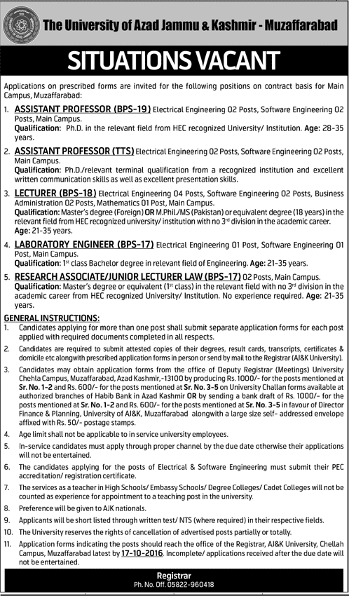 AJK University Muzaffarabad Jobs October 2016 Teaching Faculty, Lab Engineer & Research Associate Latest